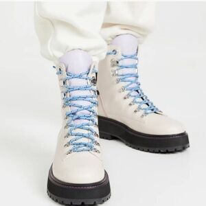NEW...Larroude Cream and Purple Lace Up Boots with Chunky Sole... Size 6.5
